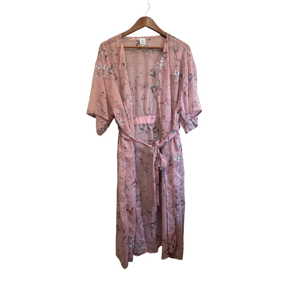 Unbranded Floral Kimono Robe Women S/M Pink Excellent Sheer Longline Duster Tie